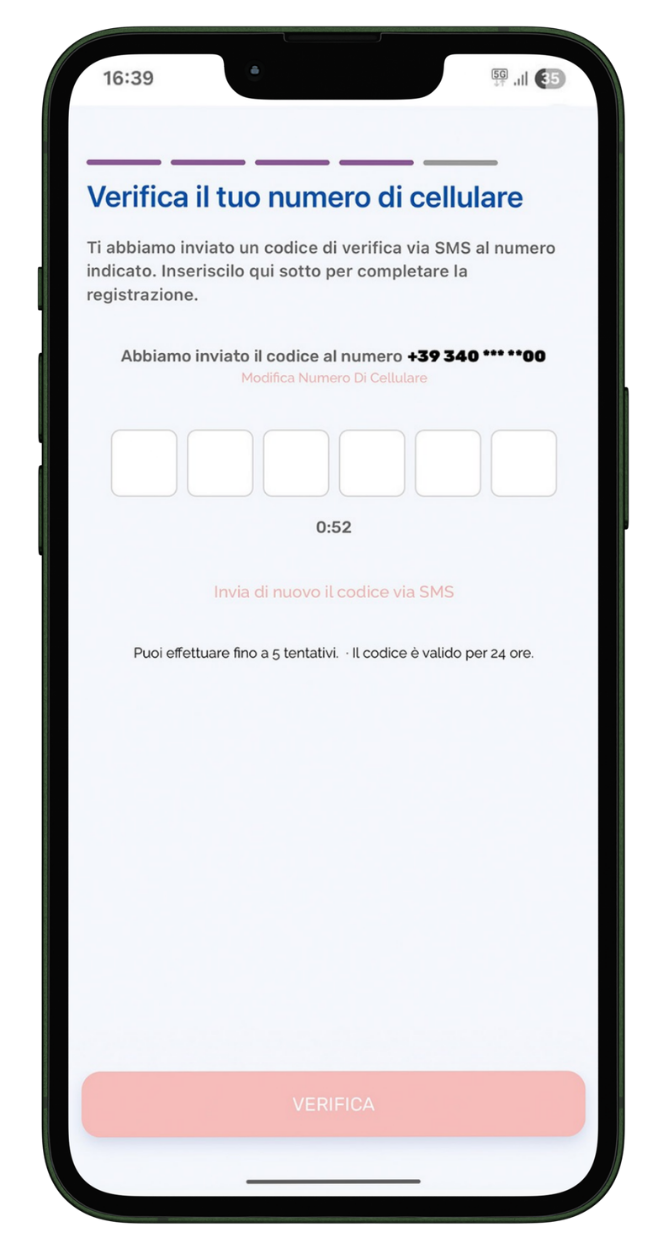 Fase 2 Accesso e registrazione: Verifica il tuo numero di cellulare
