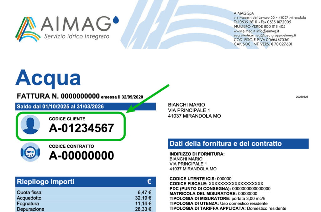 Esempio di fattura AIMAG, con Codice Cliente evidenziato.